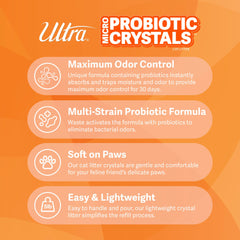 ULTRA probiotic crystals litter close-up highlights dust-free formula for clean shelves.