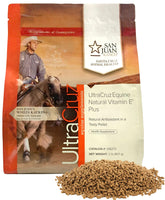 UltraCruz Equine Vitamin E Plus bottle label highlights natural antioxidant support for horses.