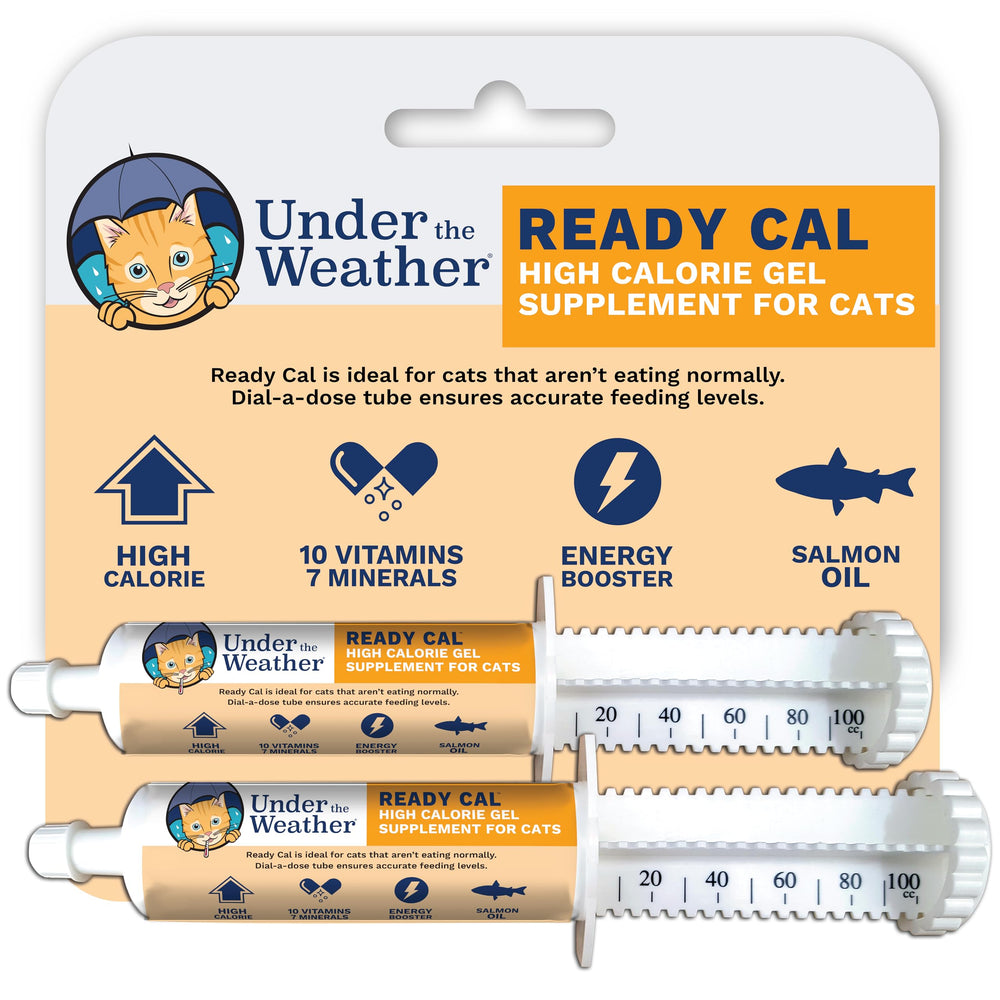 Under The Weather Ready Cal for Cats bottle showing a 100cc serving for energy support.