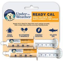 Under the Weather Ready Cal for Dogs bottle showing a 100cc serving for daily use