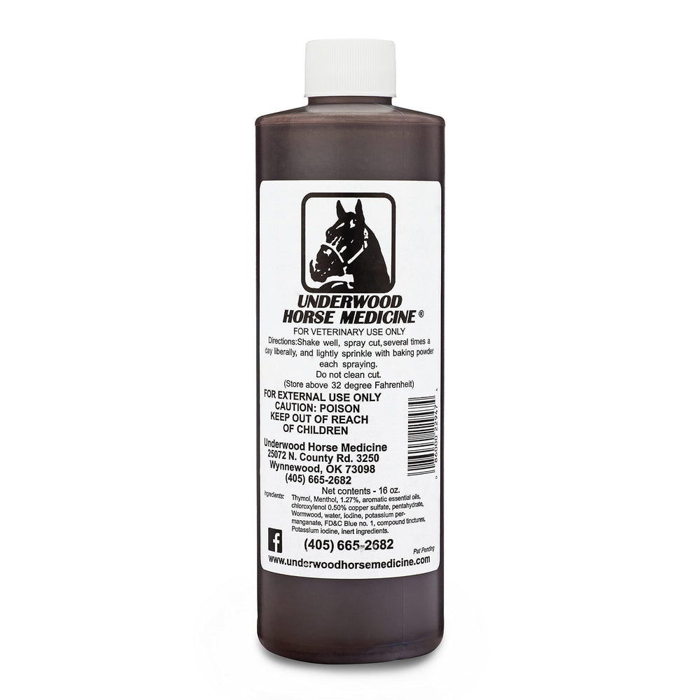Underwood Horse Medicine wound spray bottle showcasing quick, sting-free care for minor injuries.