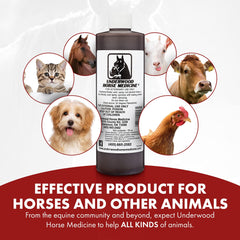 Underwood Horse Medicine wound spray label closeup shows safety and usage tips.