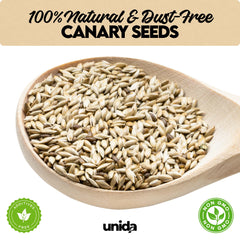 Unida canary seed bag closeup showing double cleaned seeds.