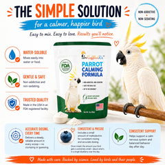 UnRuffledRx Calming Formula contains GABA and L-theanine for calmer parrots.
