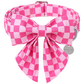 UP URARA PUP pink plaid bow collar on a sunny walk, stylish summer look.