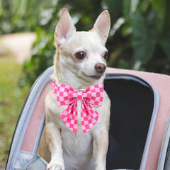 UP URARA PUP pink plaid bow view, adds charming style to any outfit.