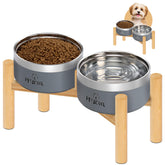 Upsky elevated dog bowls on a wooden stand promote comfortable eating for dogs