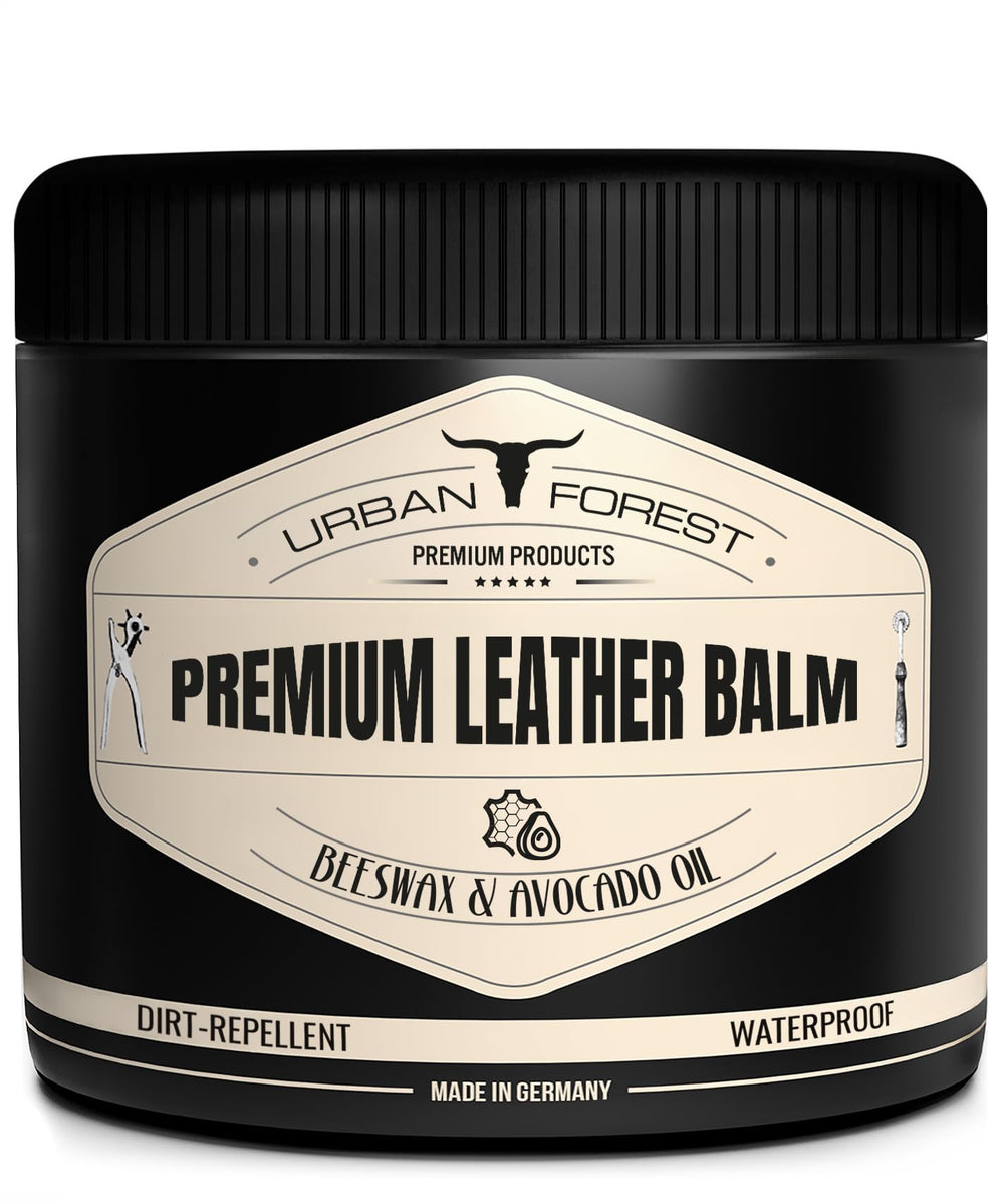 URBAN FOREST Leather Balm bottle pour demonstrates nourishment for dry leather.