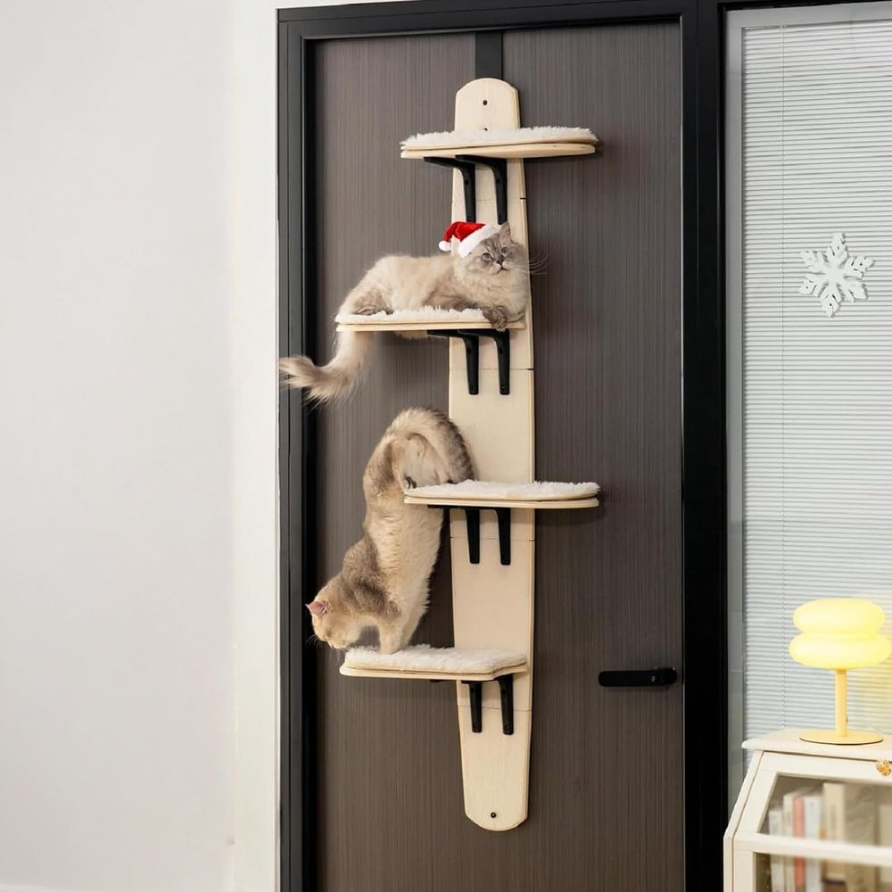 URZCT door hanging cat tree assembly in a compact doorway