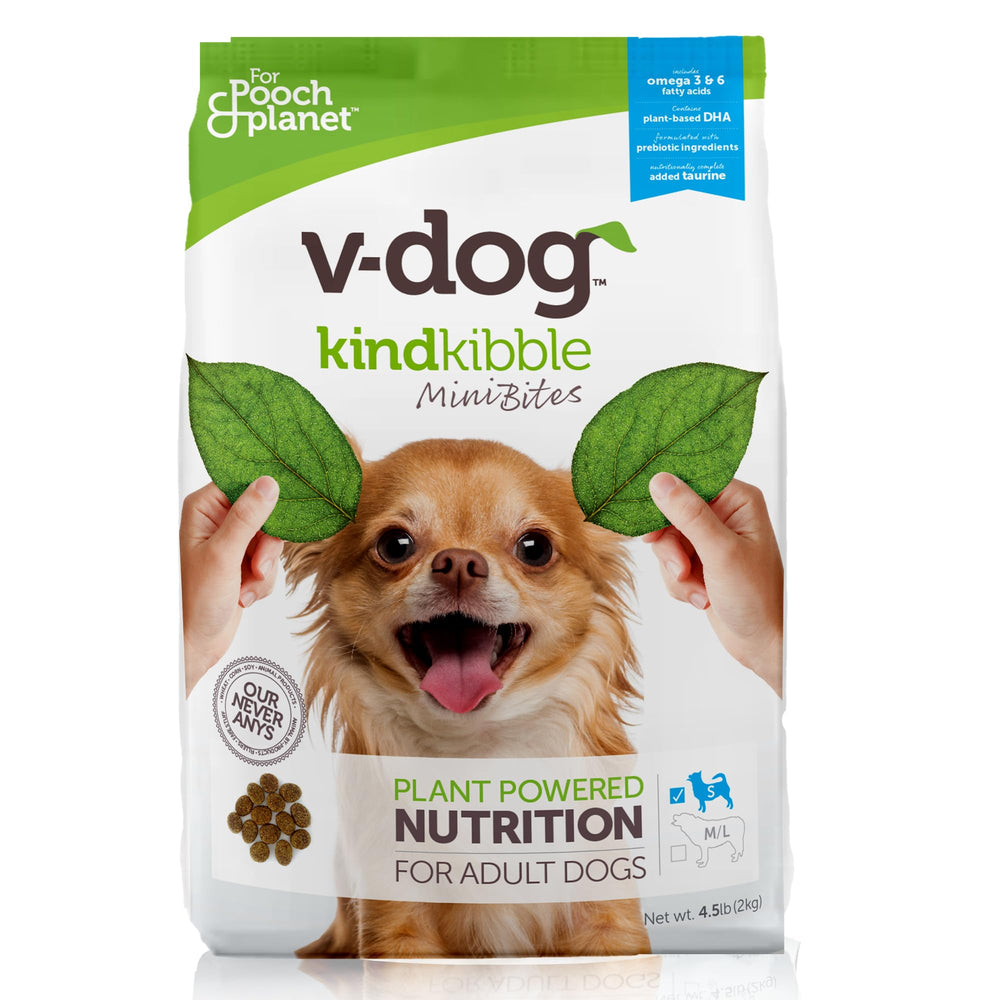 V-dog vegan mini kibble pack for small dogs with plant-based nutrition.