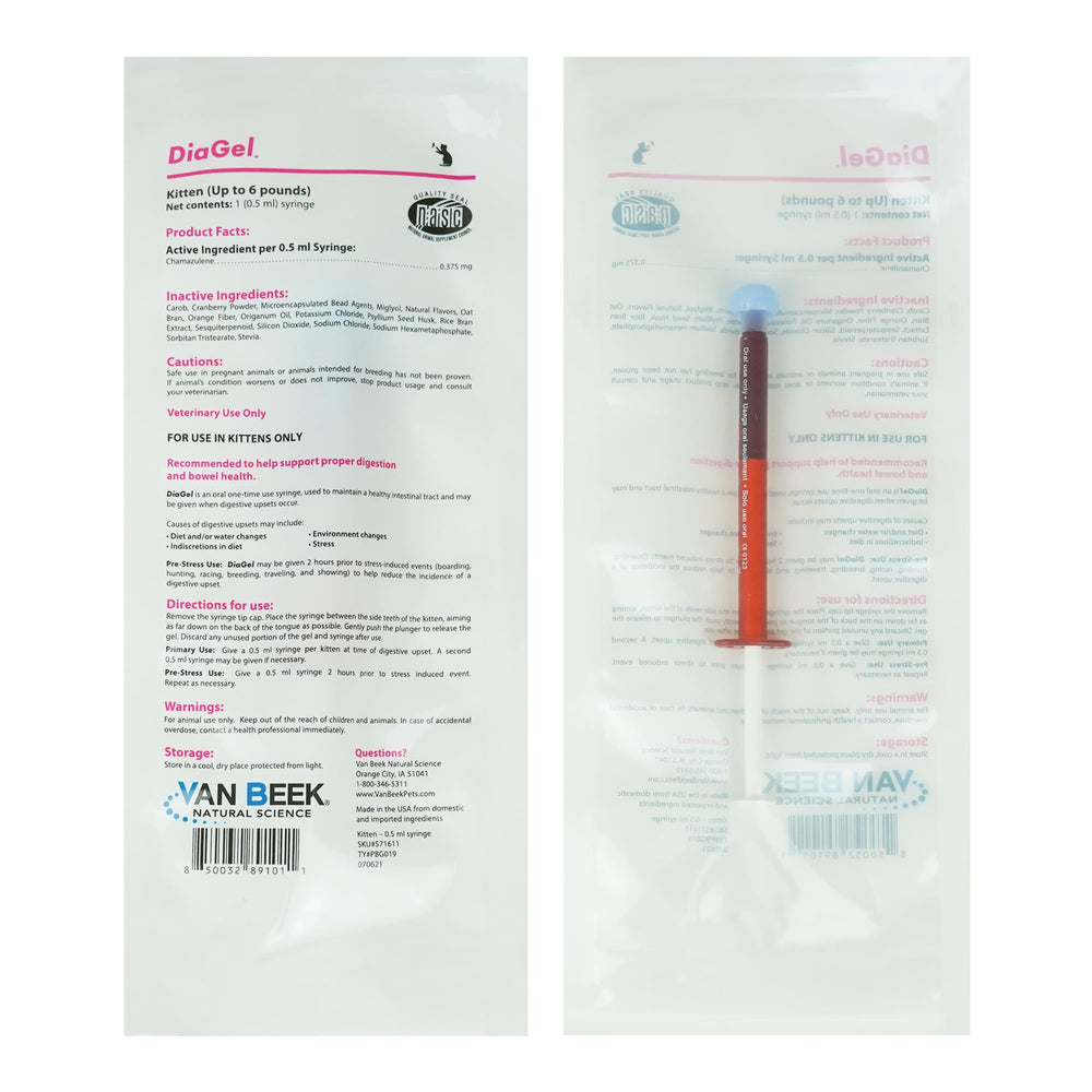 Van Beek Natural Science DiaGel kittens oral solution being poured for dosing.