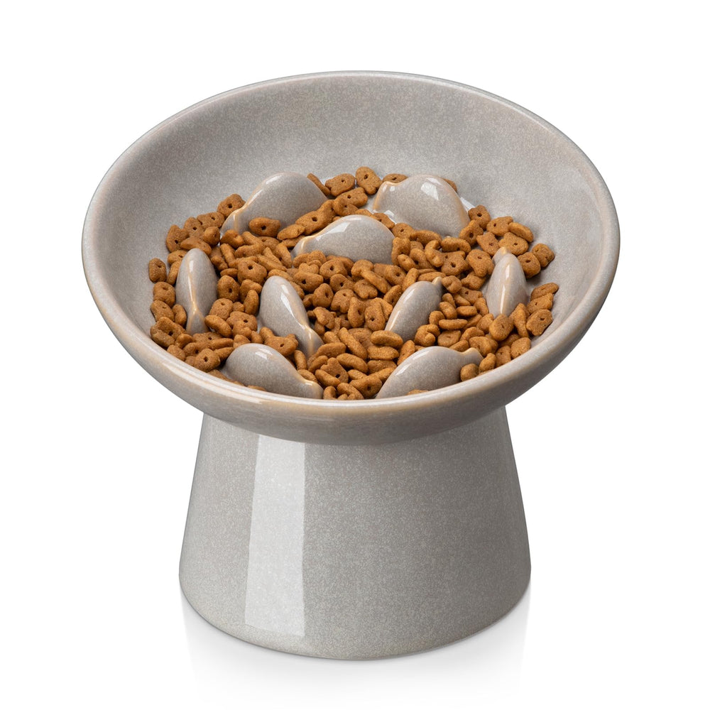 Vancasso ceramic slow feeder cat bowl in grey promotes mindful eating and digestion.