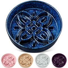 Vancasso ceramic slow feeder bowl with blue glaze and floral maze slows fast eaters.