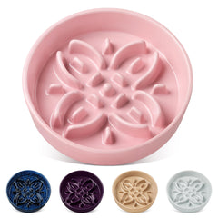 Vancasso ceramic slow feeder dog bowls with pink floral maze for slower meals.
