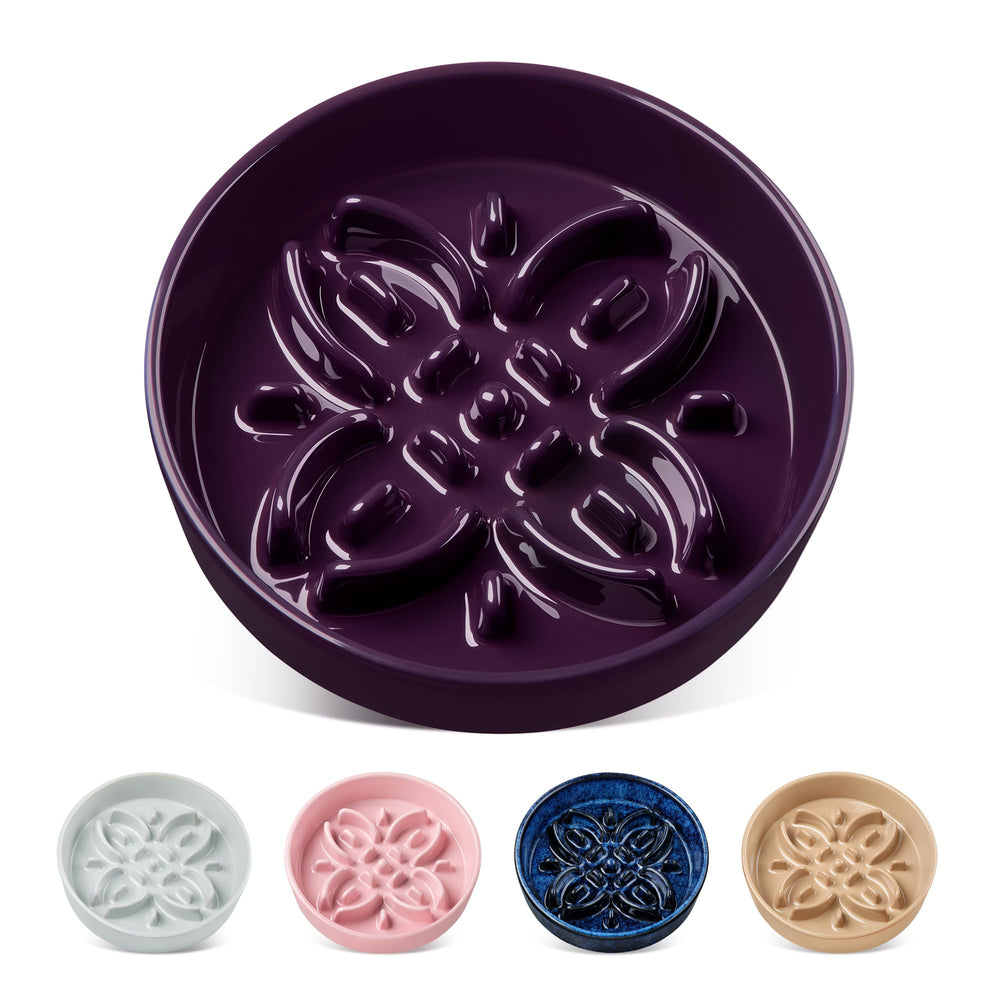 Vancasso ceramic slow feeder dog bowl with floral maze for small breeds, calming mealtime.