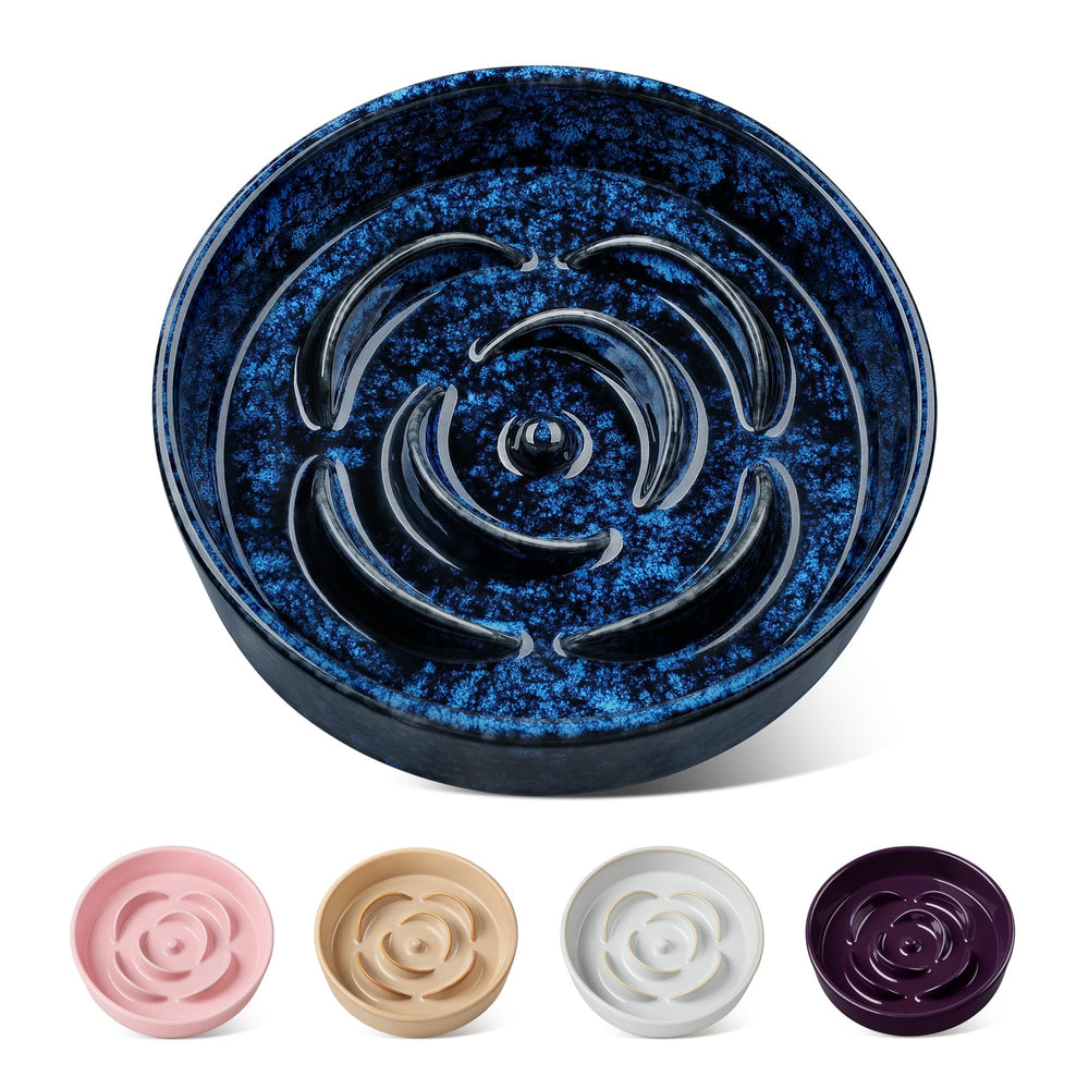 Vancasso blue slow feeder bowl, front view promotes mindful eating for small pets.