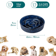 Vancasso blue bowl ridges close-up, maze design slows meals for small dogs.