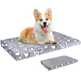 VANKEAN reversible dog crate mat gray side view shows plush and canvas sleeping surfaces