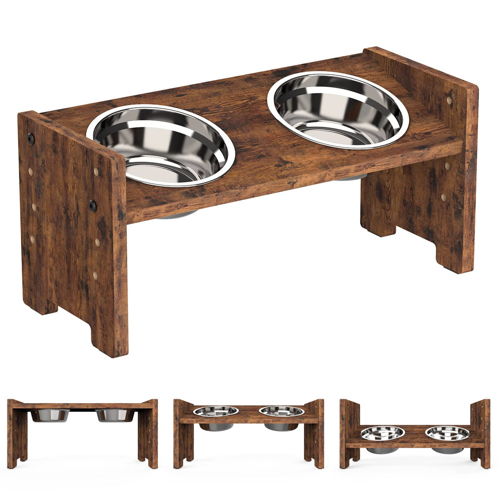 Vantic elevated dog bowls stand in rustic brown for easy feeding at adjustable heights.
