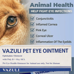 VAZULI Pet Eye Cream label closeup showing usage-friendly packaging.