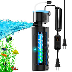 VCRAZE aquarium filter front view demonstrates compact size boosting water flow in 20-70 gallon tanks.