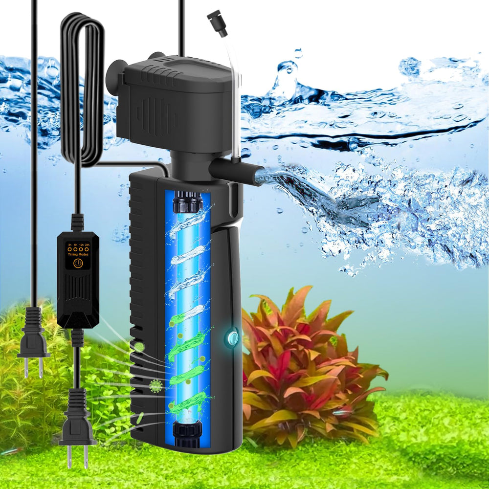 VCRAZE UV light-equipped filter enhances water clarity and tank aesthetics.