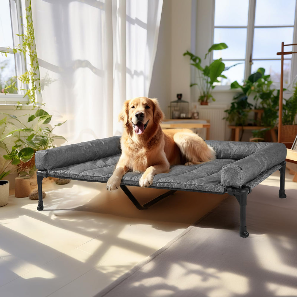 Veehoo cooling elevated dog bed frame providing airflow for large dogs.