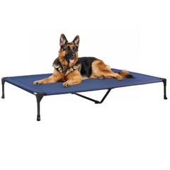 Veehoo outdoor elevated dog bed in blue, showcasing breathable fabric for cooling comfort.