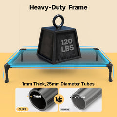 Veehoo bed shows non-slip feet for stable placement on surfaces.