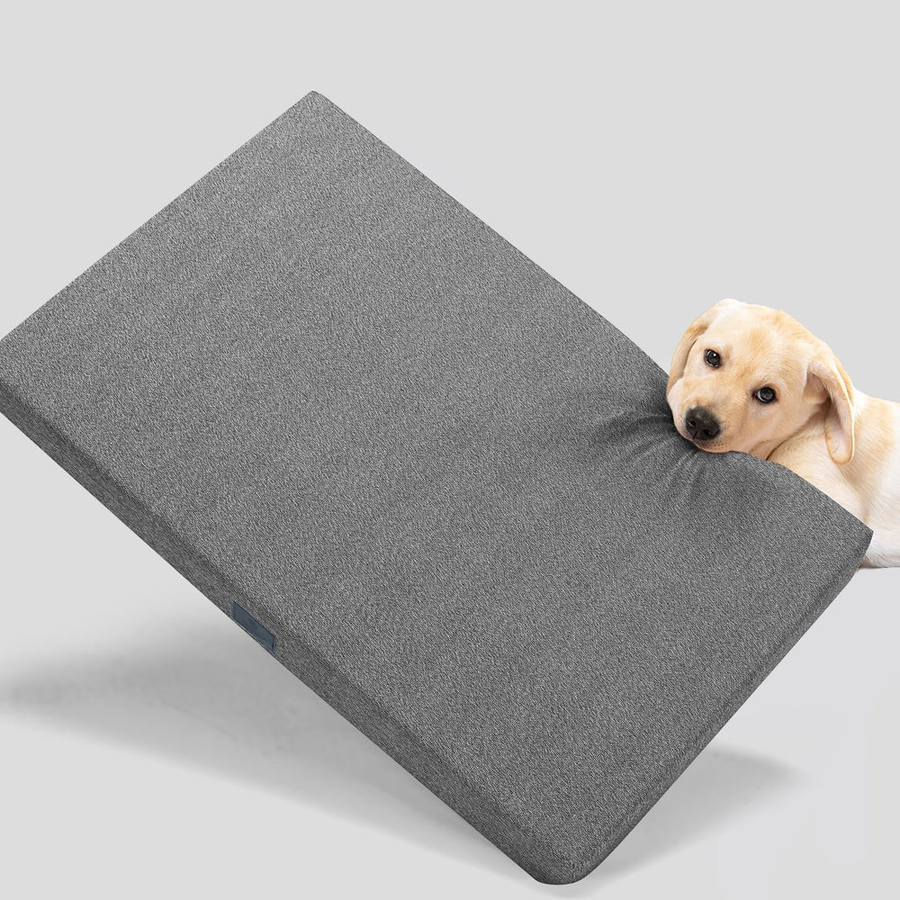 Veehoo chew-proof bed inside crate for durable canine comfort.