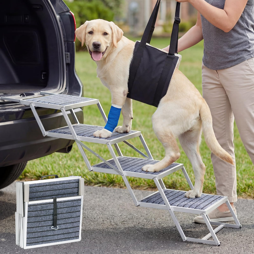 Veehoo dog steps folded compact for easy travel and storage.