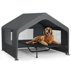 Veehoo extralarge dog house outdoors with elevated bed for off-ground comfort.
