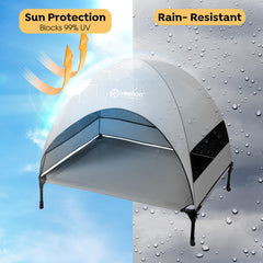 Veehoo outdoor dog bed with canopy, side view, shaded comfort and airflow.