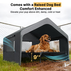 Veehoo shelter with three mesh windows and roll-down flaps for year-round comfort.