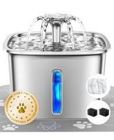 Veken fountain front view showing a sleek stainless steel design for easy pet access