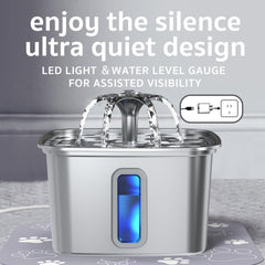 Large water window with blue LED night glow for easy monitoring and ambience