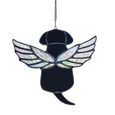 Velasyart stained glass rainbow wing angel dog memorial hangs in sunlight to honor a dog's memory.