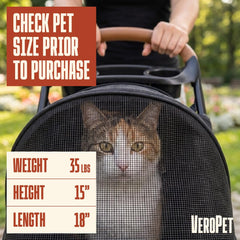 Veropet basket and cupholder demonstrate convenient storage during outings.