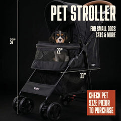 Veropet pet stroller side view showing four-wheel stability for smooth strolls.