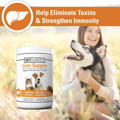 Bottle label highlighting Vet Classics Liver Support ingredients