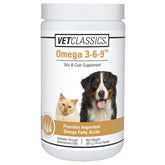 Vet Classics Omega 3-6-9 powder bottle provides daily skin and coat support.