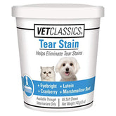 Vet Classics Tear Stain Soft Chews bottle highlights eye comfort and stain reduction.