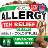 Vet Promise Dog Allergy Relief Chews bottle front promoting itch relief for dogs.