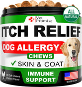 Vet Promise dog allergy relief chews label shows ingredients and itchy skin support.