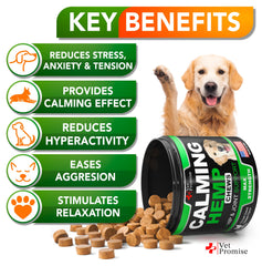 Vet Promise dog calming chews closeup highlights natural hemp blend for anxious moments.