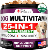 Vet Promise Dog Multivitamin bottle pour demonstrates convenient daily dosing for joints and immune support.