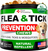 Vet Promise flea and tick chews bottle shows natural ingredients for dogs