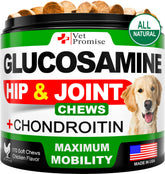 Vet Promise glucosamine for dogs bottle pour highlighting joint support and mobility.