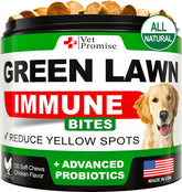 Vet Promise Grass Burn Spot Chews tub showing 120 treats for lawn health.