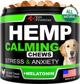 Vet Promise hemp calming chews bottle shows convenient anxiety relief for dogs.